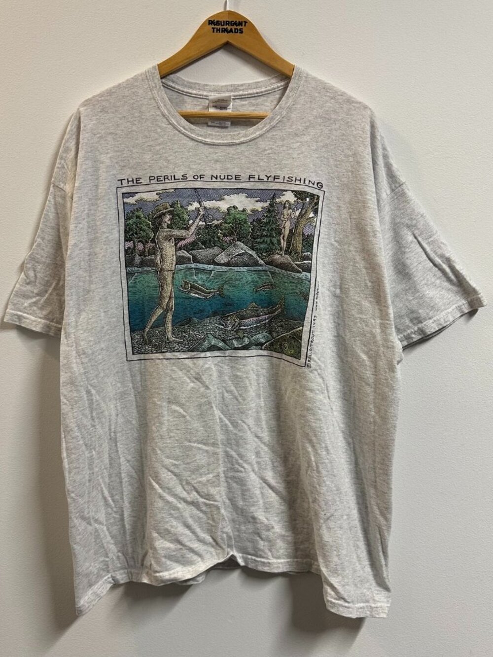 Vintage 1993 Rollo Trout Nude Fly Fishing T-shirt Grey Men's 2XL Comedy Humor